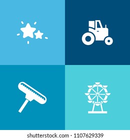 Modern, simple vector icon set on colorful background with amusement, astrology, astronomy, work, ferris, brush, travel, field, wheel, abstract, sign, space, fun, fair, outdoor, blue, roller icons