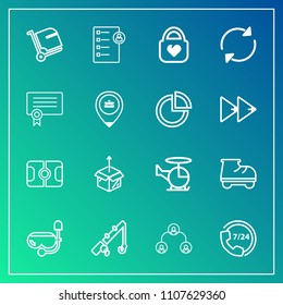 Modern, simple vector icon set on gradient background with stadium, business, transportation, fashion, job, operator, unpacking, fish, soccer, sea, package, new, transport, reel, white, leisure icons