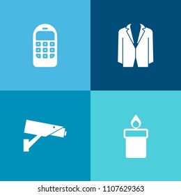 Modern, simple vector icon set on colorful background with security, religion, screen, flame, equipment, communication, technology, call, celebration, vintage, guard, suit, old, business, person icons