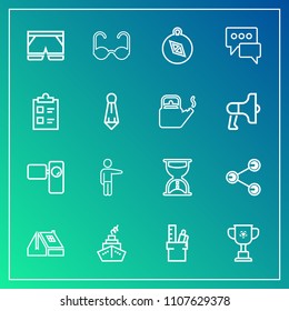 Modern, simple vector icon set on gradient background with sign, south, home, wear, tripod, sand, equipment, sun, white, victory, time, direction, video, championship, camera, retro, sunglasses icons