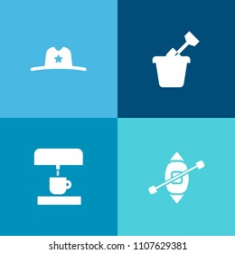 Modern, simple vector icon set on colorful background with cowboy, bucket, outdoor, playground, wild, household, sandbox, equipment, texas, travel, yacht, toy, child, country, traditional, sand icons