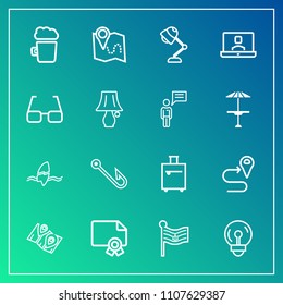 Modern, simple vector icon set on gradient background with road, alcohol, technology, luggage, fish, fishing, beer, electric, pin, surfing, national, electricity, frame, light, hook, bar, call icons