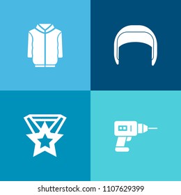 Modern, simple vector icon set on colorful background with sign, work, yellow, achievement, object, wear, protection, helmet, construction, apparel, man, hand, worker, industry, fashion, ribbon icons