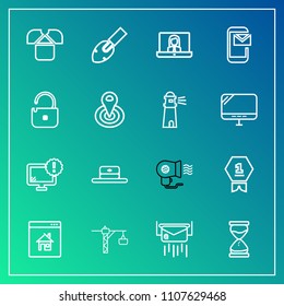 Modern, simple vector icon set on gradient background with warning, first, message, place, equipment, mail, property, construction, hair, technology, communication, estate, sand, envelope, award icons