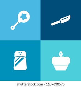 Modern, simple vector icon set on colorful background with black, fork, kitchen, childhood, shake, ingredient, white, table, metal, nursery, lunch, kid, child, fun, restaurant, knife, rattle icons