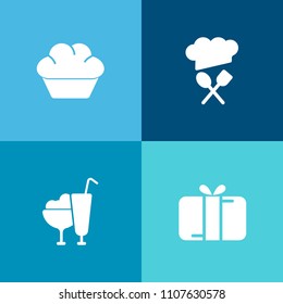 Modern, simple vector icon set on colorful background with pastry, bow, dessert, cook, strawberry, bread, celebration, sign, surprise, cookie, cake, christmas, cupcake, muffin, greeting, cream icons