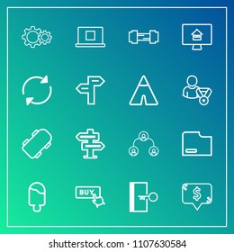 Modern, simple vector icon set on gradient background with profile, skate, buy, web, sport, sweet, skateboard, paper, estate, structure, company, escape, ice, button, fitness, square, extreme icons