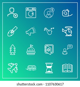 Modern, simple vector icon set on gradient background with chat, environment, hourglass, flight, airplane, laundry, web, delete, user, vehicle, clean, plane, equipment, landscape, washer, forest icons
