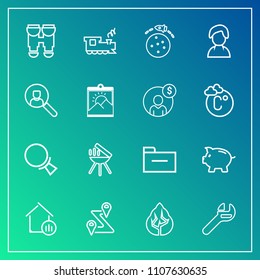 Modern, simple vector icon set on gradient background with folder, repair, storage, planet, travel, road, document, train, location, forest, cooking, bank, barbecue, find, map, transport, view icons