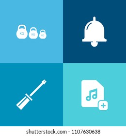 Modern, simple vector icon set on colorful background with fitness, kilogram, hardware, weight, computer, construction, equipment, metal, paper, bell, doorbell, dumbbell, web, internet, repair icons