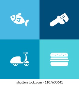 Modern, simple vector icon set on colorful background with summer, sign, hammer, lifestyle, seafood, work, cycle, wrench, fresh, activity, travel, biking, tool, ocean, sandwich, burger, sport icons
