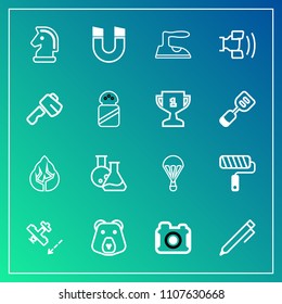 Modern, simple vector icon set on gradient background with iron, forest, horse, domestic, nature, landscape, travel, paint, equipment, parachute, grizzly, roll, extreme, science, magnetic, photo icons