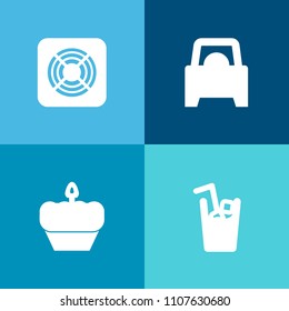 Modern, simple vector icon set on colorful background with food, air, wind, cake, cookie, pastry, alcohol, fan, ventilator, dessert, vehicle, water, drink, bread, transportation, doughnut, soda icons