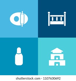 Modern, simple vector icon set on colorful background with nursery, kid, cooking, toy, clean, cot, frying, buddhism, child, kitchen, bright, food, cone, top, landmark, pan, leisure, cradle, bed icons