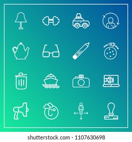 Modern, simple vector icon set on gradient background with bin, place, light, sea, stationery, photography, scale, lamp, megaphone, speaker, call, stamp, announcement, workout, can, envelope icons
