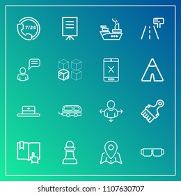 Modern, simple vector icon set on gradient background with people, horse, vehicle, open, head, sea, glasses, cap, operator, brush, road, business, direction, sun, strategy, paintbrush, place icons