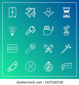 Modern, simple vector icon set on gradient background with close, canoe, wizard, home, road, go, north, magician, wand, equipment, boat, safety, airplane, web, cabinet, repair, south, meat, food icons