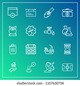 Modern, simple vector icon set on gradient background with estate, stadium, poster, internet, timetable, military, recycling, sign, timer, home, rent, dish, bin, soccer, web, sea, can, sport icons
