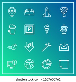 Modern, simple vector icon set on gradient background with wand, technology, laboratory, alcohol, building, equipment, monitor, tool, work, beer, man, business, rocket, computer, internet, stick icons