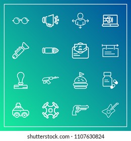 Modern, simple vector icon set on gradient background with direction, guitar, medical, pharmacy, travel, car, place, health, helicopter, military, musical, eyeglasses, eyesight, speaker, paper icons