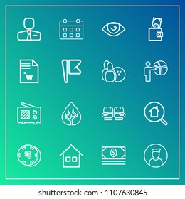 Modern, simple vector icon set on gradient background with employer, house, real, communication, timetable, search, bank, estate, risk, signal, money, calendar, body, job, online, landscape, day icons