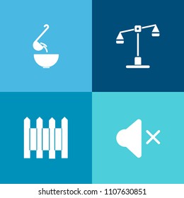 Modern, simple vector icon set on colorful background with soup, sound, judge, lawyer, web, court, volume, off, barrier, pour, plate, food, kitchen, weight, law, speaker, restaurant, judgment icons