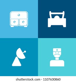 Modern, simple vector icon set on colorful background with technology, transport, network, nurse, car, connection, doctor, automobile, sign, cabinet, signal, open, drawer, hospital, silhouette icons
