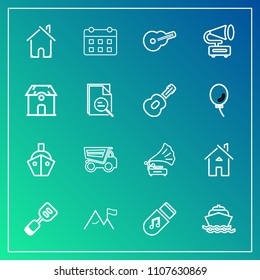 Modern, simple vector icon set on gradient background with element, timetable, nature, tool, vessel, architecture, estate, guitar, yacht, dumper, truck, storage, ship, vehicle, zoom, house, dump icons