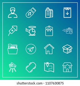 Modern, simple vector icon set on gradient background with skateboard, sign, sound, message, business, unpacking, package, architecture, skater, blank, new, map, bbq, paper, cooking, boy, email icons