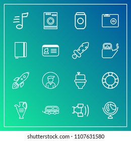 Modern, simple vector icon set on gradient background with tune, vehicle, vase, machine, transportation, pottery, planet, man, technology, science, ring, sound, washer, wc, toilet, pool, water icons
