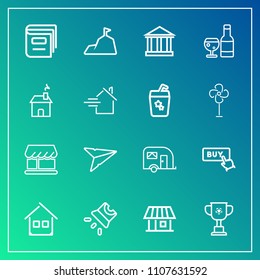 Modern, simple vector icon set on gradient background with email, library, greece, architecture, europe, vehicle, message, tourism, projector, greek, championship, shop, building, drink, estate icons