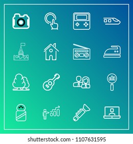 Modern, simple vector icon set on gradient background with search, development, success, tree, internet, finger, environment, personal, jazz, bugle, food, call, touch, communication, music, find icons