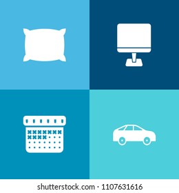 Modern, simple vector icon set on colorful background with cotton, feather, move, direction, monitor, pc, traffic, desktop, fabric, screen, cushion, bedroom, comfortable, laptop, soft, bed, date icons