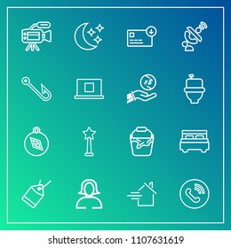 Modern, simple vector icon set on gradient background with video, sack, north, camera, night, clean, compass, young, lady, house, bed, container, call, lens, success, double, rent, paper, woman icons