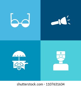 Modern, simple vector icon set on colorful background with hospital, eyesight, car, flash, bright, food, flashlight, lens, van, spectacles, truck, electric, nurse, summer, lamp, sweet, emergency icons