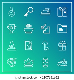 Modern, simple vector icon set on gradient background with king, package, clothes, musical, string, iron, transportation, fashion, transport, shipping, watch, royal, minute, ironing, crown, old icons