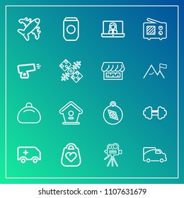 Modern, simple vector icon set on gradient background with vehicle, rescue, emergency, flight, internet, transport, movie, home, fashion, ambulance, travel, bird, metal, tripod, aircraft, bag icons