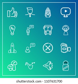 Modern, simple vector icon set on gradient background with winner, nature, food, aircraft, launch, handle, video, musical, edible, mushroom, cancel, up, equipment, plane, camera, success, good icons