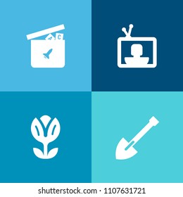 Modern, simple vector icon set on colorful background with shovel, saw, car, white, pink, screwdriver, video, building, media, equipment, flower, bloom, petal, teddy, nature, summer, wrench, toy icons