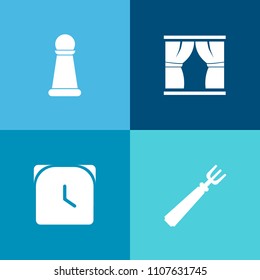 Modern, simple vector icon set on colorful background with frame, bishop, house, play, queen, piece, sign, graphic, home, timer, dinner, rook, knife, cooking, art, digital, castle, interior icons