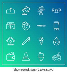 Modern, simple vector icon set on gradient background with business, pencil, education, restroom, vehicle, lamp, purse, video, sweet, money, bird, wallet, technology, cream, water, house, liquid icons