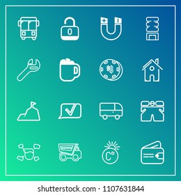 Modern, simple vector icon set on gradient background with open, scale, sky, protection, bus, science, cold, speed, purse, landscape, pole, road, fashion, dump, white, wallet, transport, male icons