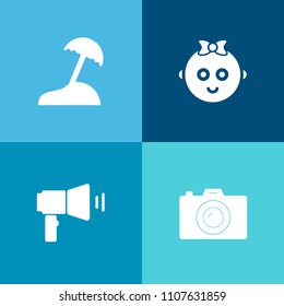 Modern, simple vector icon set on colorful background with summer, family, equipment, tree, megaphone, digital, cute, girl, happy, speaker, kid, tropical, island, childhood, photography, child icons