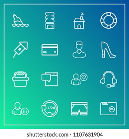 Modern, simple vector icon set on gradient background with online, office, bottle, water, container, white, summer, operator, speech, file, ring, shorts, support, profile, social, bubble, folder icons