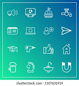Modern, simple vector icon set on gradient background with good, strategy, water, graduation, megaphone, magnetic, chessboard, sink, chart, alcohol, architecture, business, template, faucet, pub icons