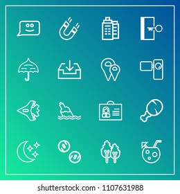 Modern, simple vector icon set on gradient background with landscape, tree, face, money, meal, juice, woman, night, person, food, bottle, profile, forest, chicken, jet, cash, internet, real, sky icons