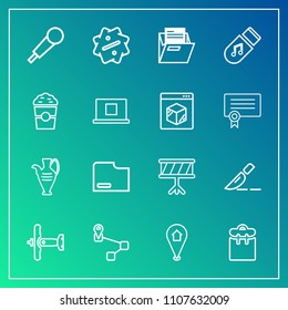 Modern, simple vector icon set on gradient background with storage, blank, clinic, pin, location, surgery, music, folder, phone, office, professional, paper, vase, decoration, file, map, sign icons