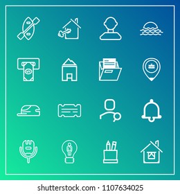 Modern, simple vector icon set on gradient background with key, business, entertainment, sunrise, search, house, home, notification, music, paddle, boat, education, profile, oar, pencil, voice icons