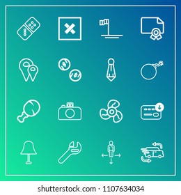 Modern, simple vector icon set on gradient background with interior, cool, wrench, snack, air, photography, ocean, direction, electric, light, blue, equipment, sign, tool, meal, car, delivery icons