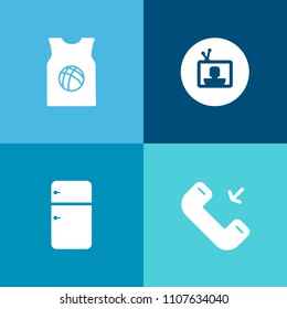 Modern, simple vector icon set on colorful background with sport, media, user, tv, fridge, clothing, template, app, television, outgoing, fashion, cold, fresh, video, ball, entertainment, team icons